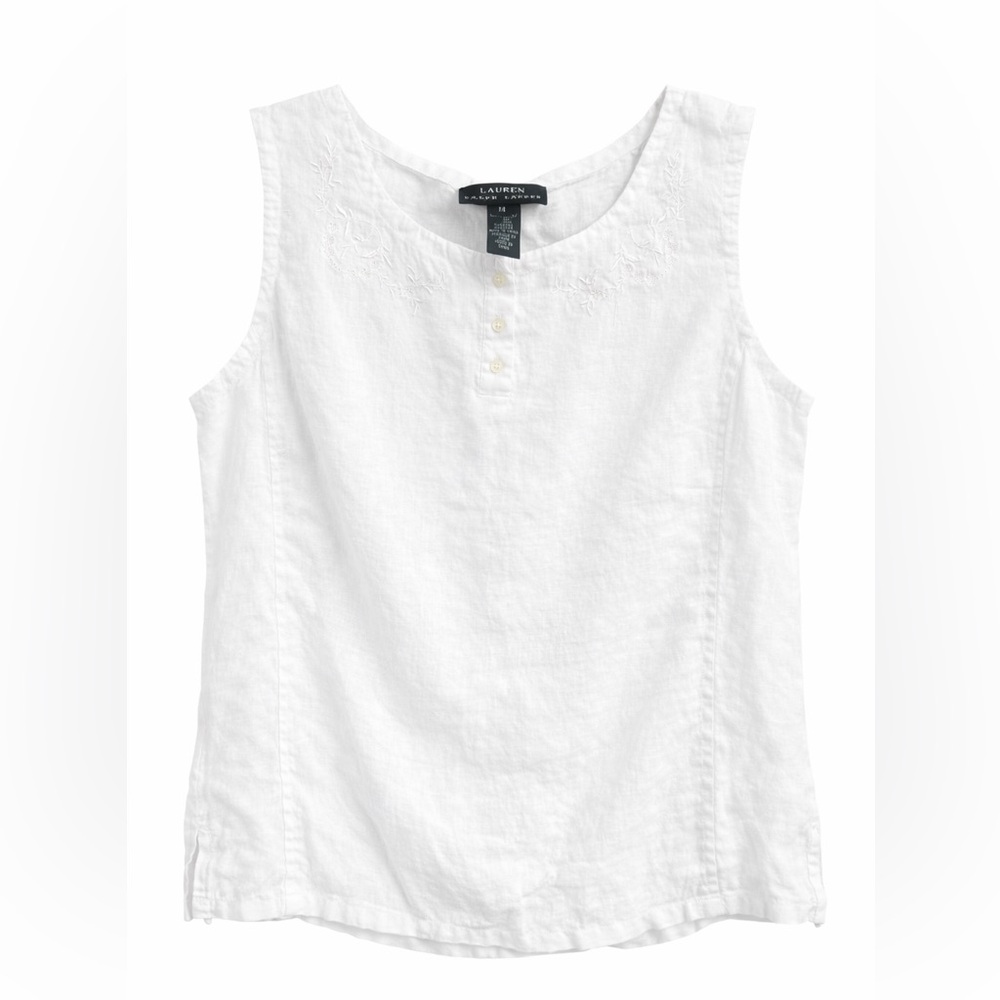 Lauren Ralph Lauren White Linen Embroidered Sleeveless Tank Size 14